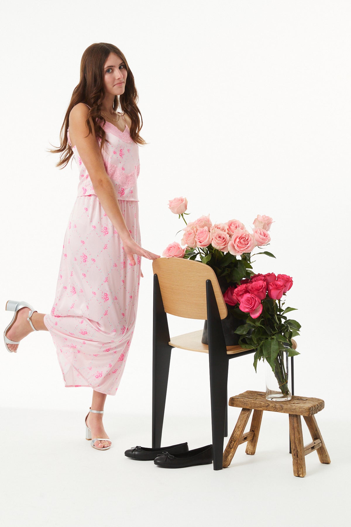 Joey Vintage Rose Ballet Pink Satin Maxi Skirt
