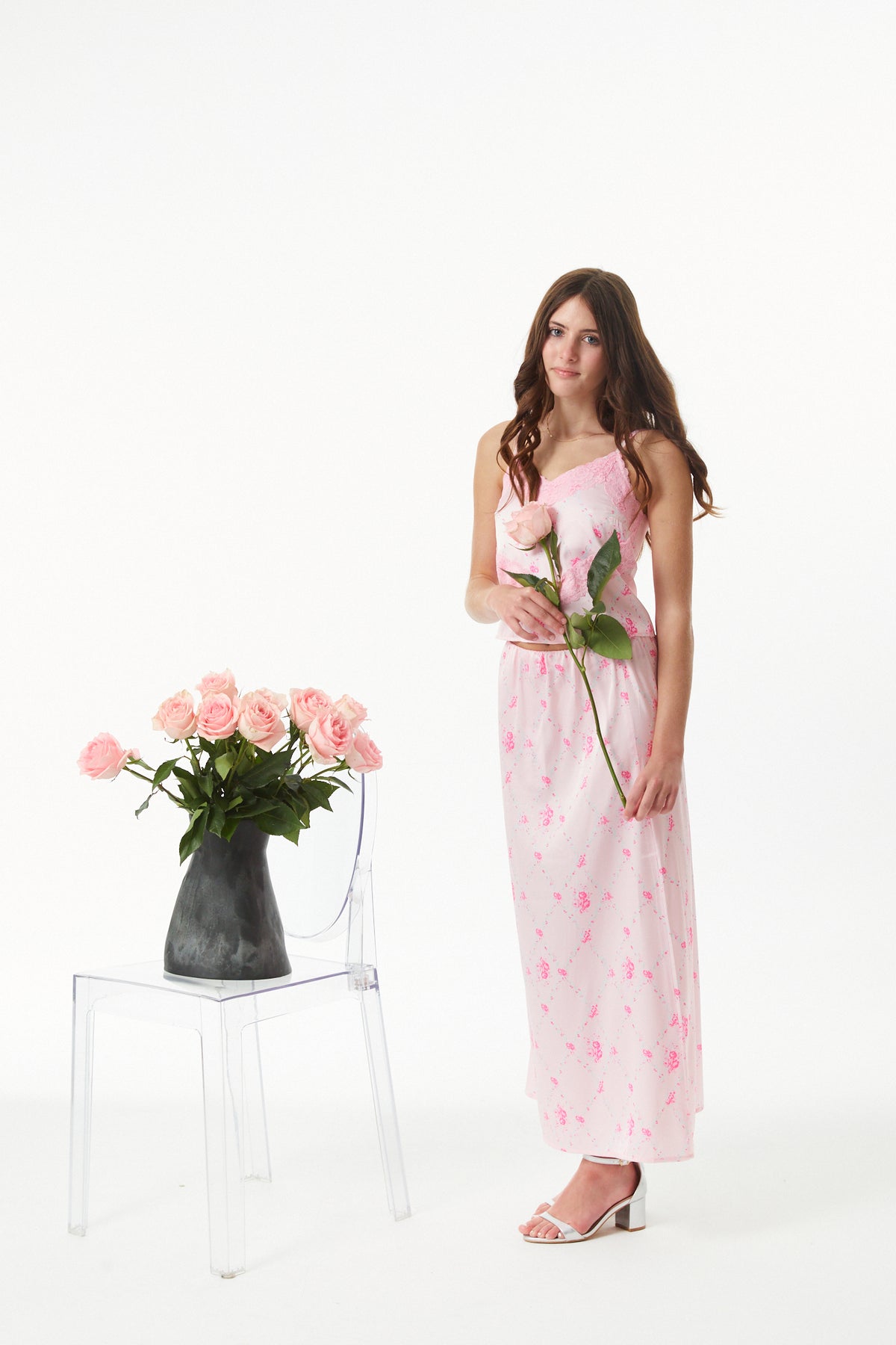 Joey Vintage Rose Ballet Pink Satin Maxi Skirt
