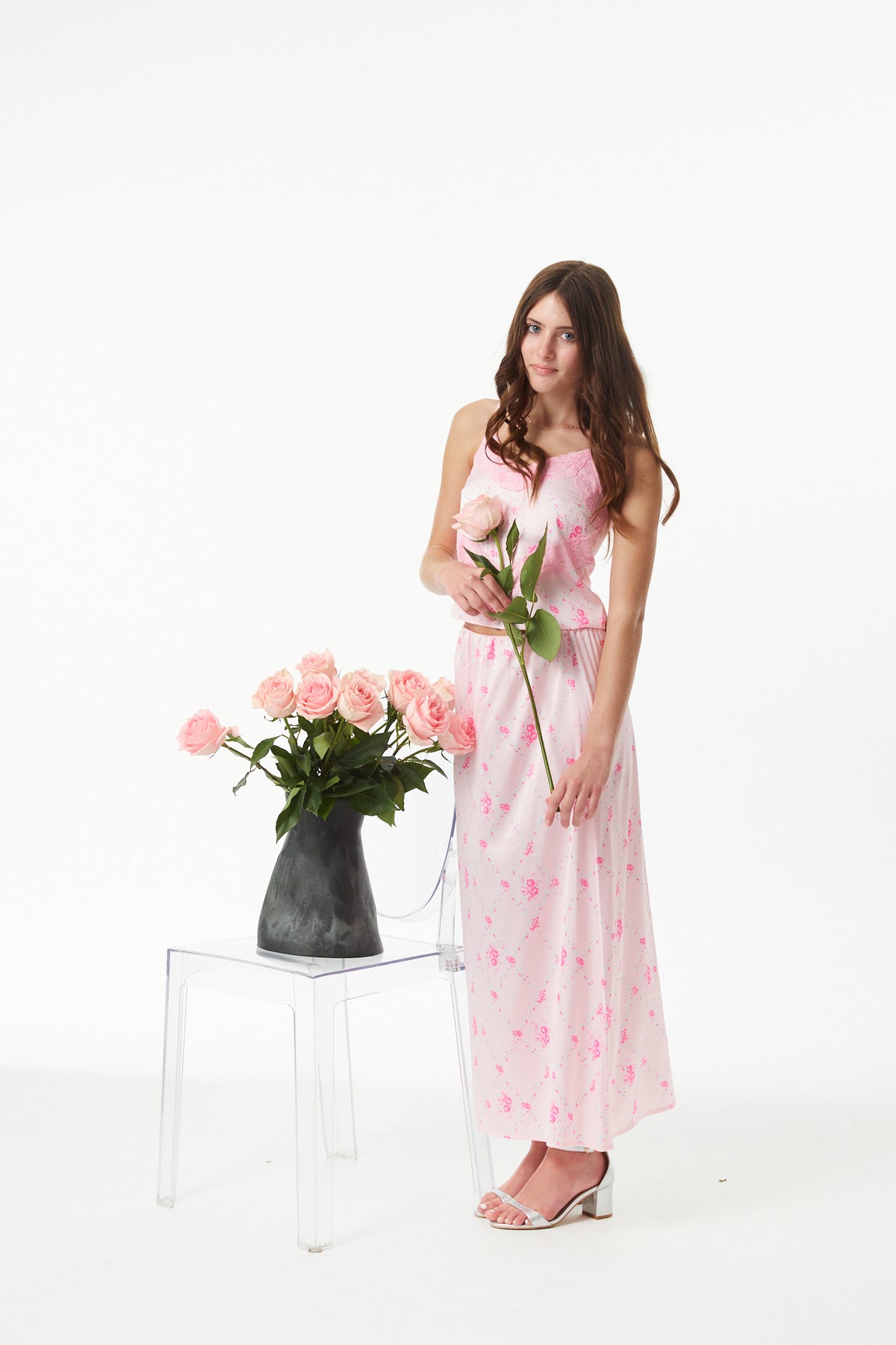 Joey Vintage Rose Ballet Pink Satin Maxi Skirt