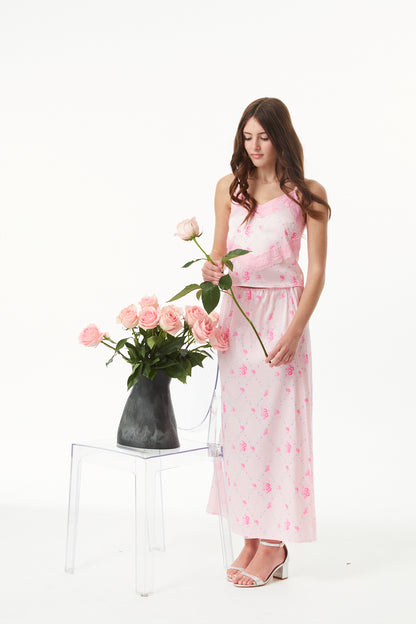 Joey Vintage Rose Ballet Pink Satin Maxi Skirt
