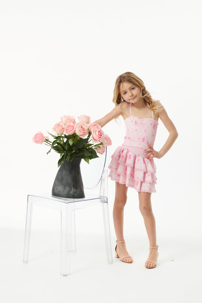 Gemma Vintage Rose Ballet Pink With Pink Lace Satin Smocked Ruffle Mini Skirt