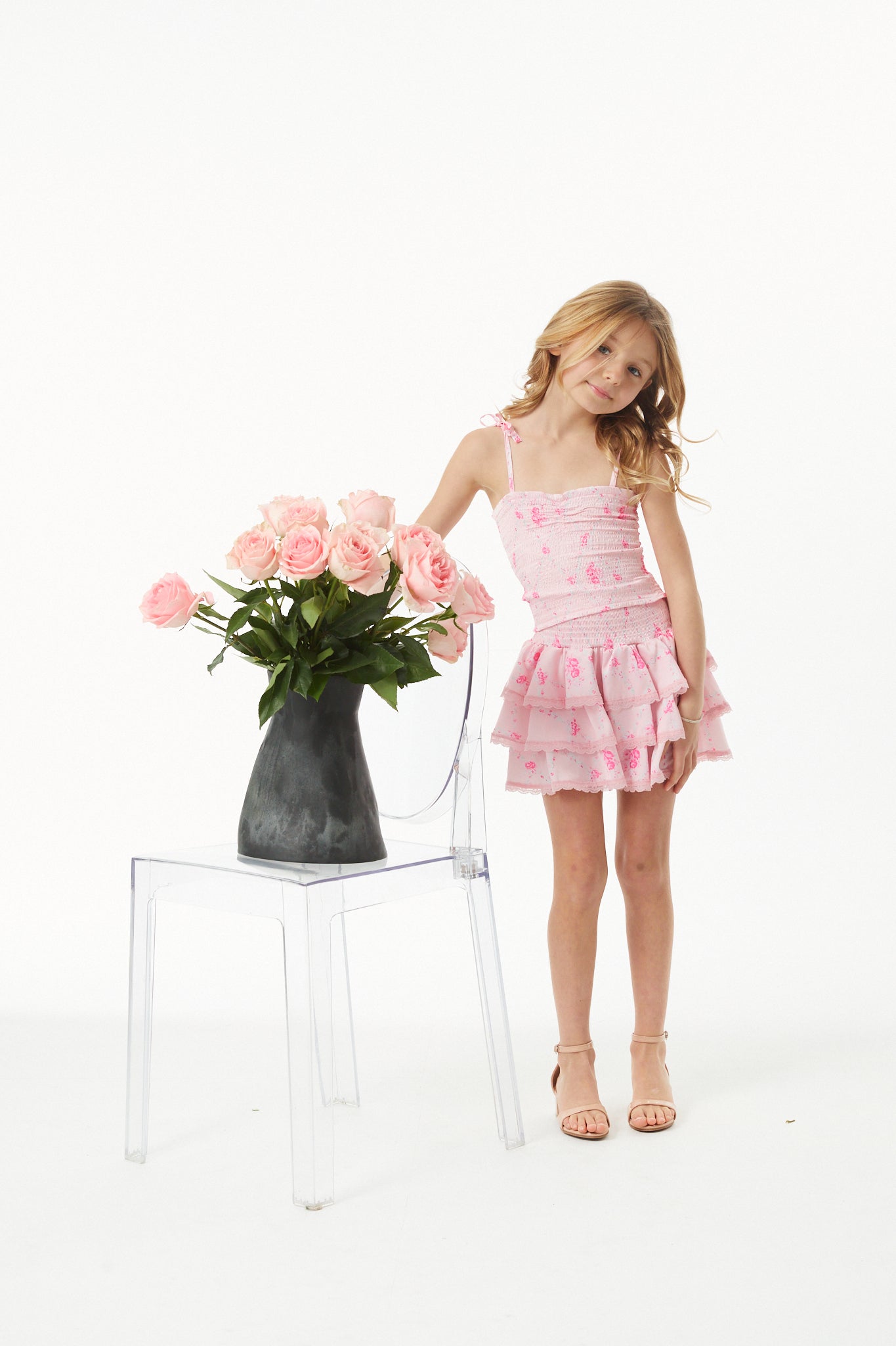 Gemma Vintage Rose Ballet Pink With Pink Lace Satin Smocked Ruffle Mini Skirt