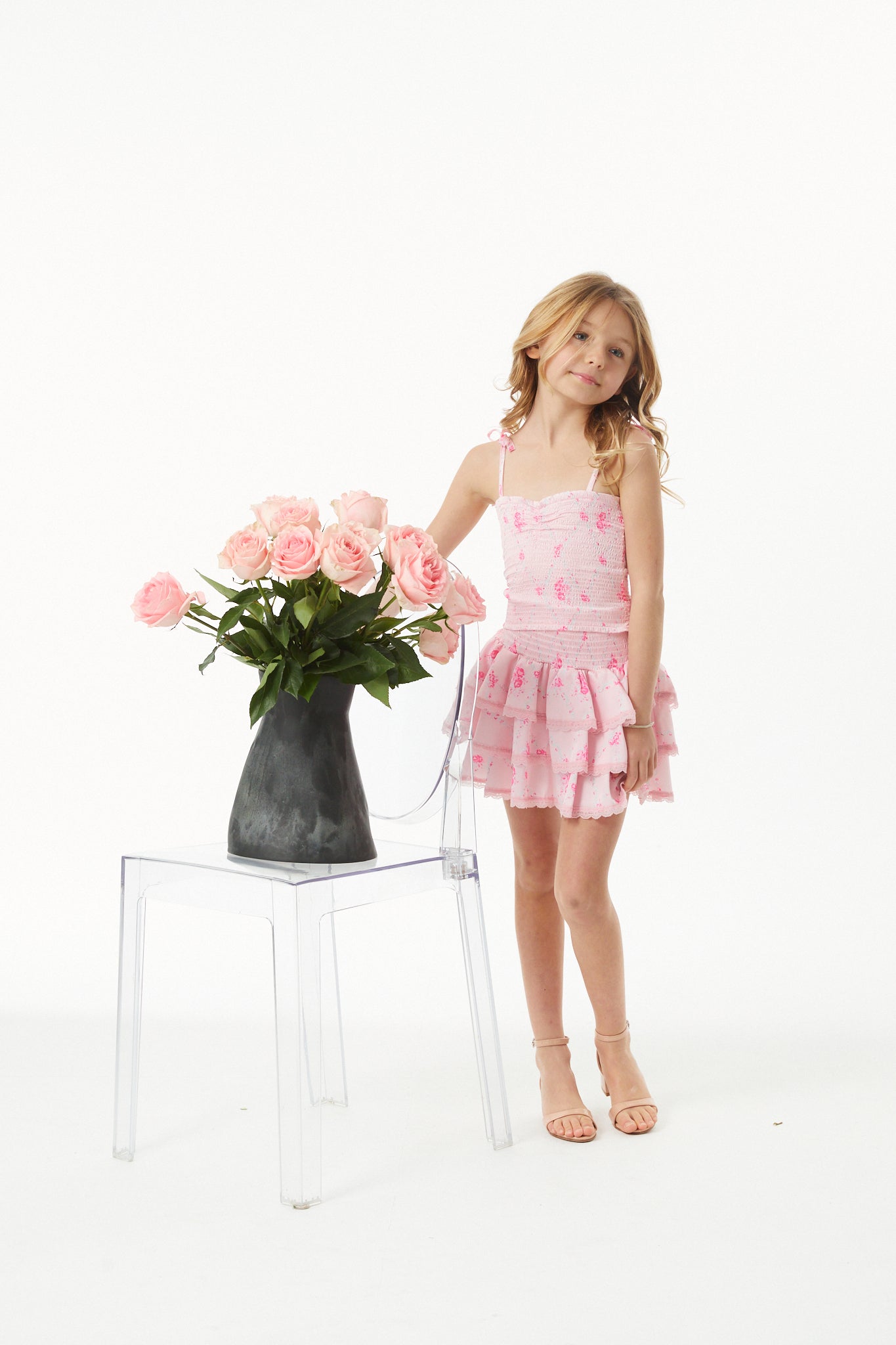 Gemma Vintage Rose Ballet Pink With Pink Lace Satin Smocked Ruffle Mini Skirt
