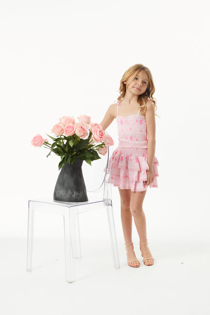 Gemma Vintage Rose Ballet Pink With Pink Lace Satin Smocked Ruffle Mini Skirt