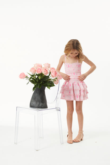 Gemma Vintage Rose Ballet Pink With Pink Lace Satin Smocked Ruffle Mini Skirt