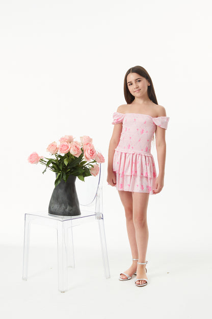 Lexi Vintage Rose Ballet Pink Satin Smocked Short Sleeve Ruffle Dress