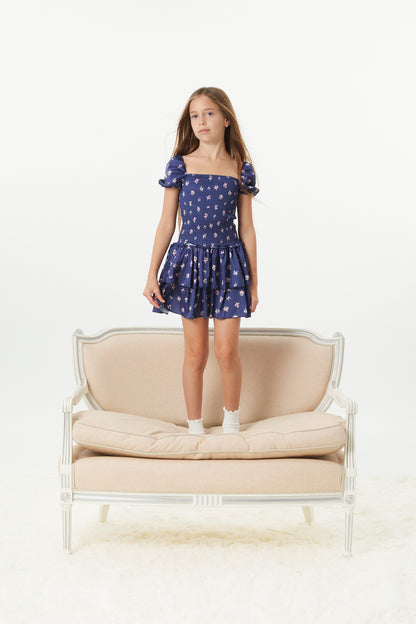Lexi Rose Bow Navy Satin Smocked Short Sleeve Ruffle Dress