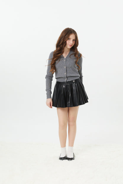 Mickey Mid Grey With Bow Diamond Buttons Sweater Cardigan