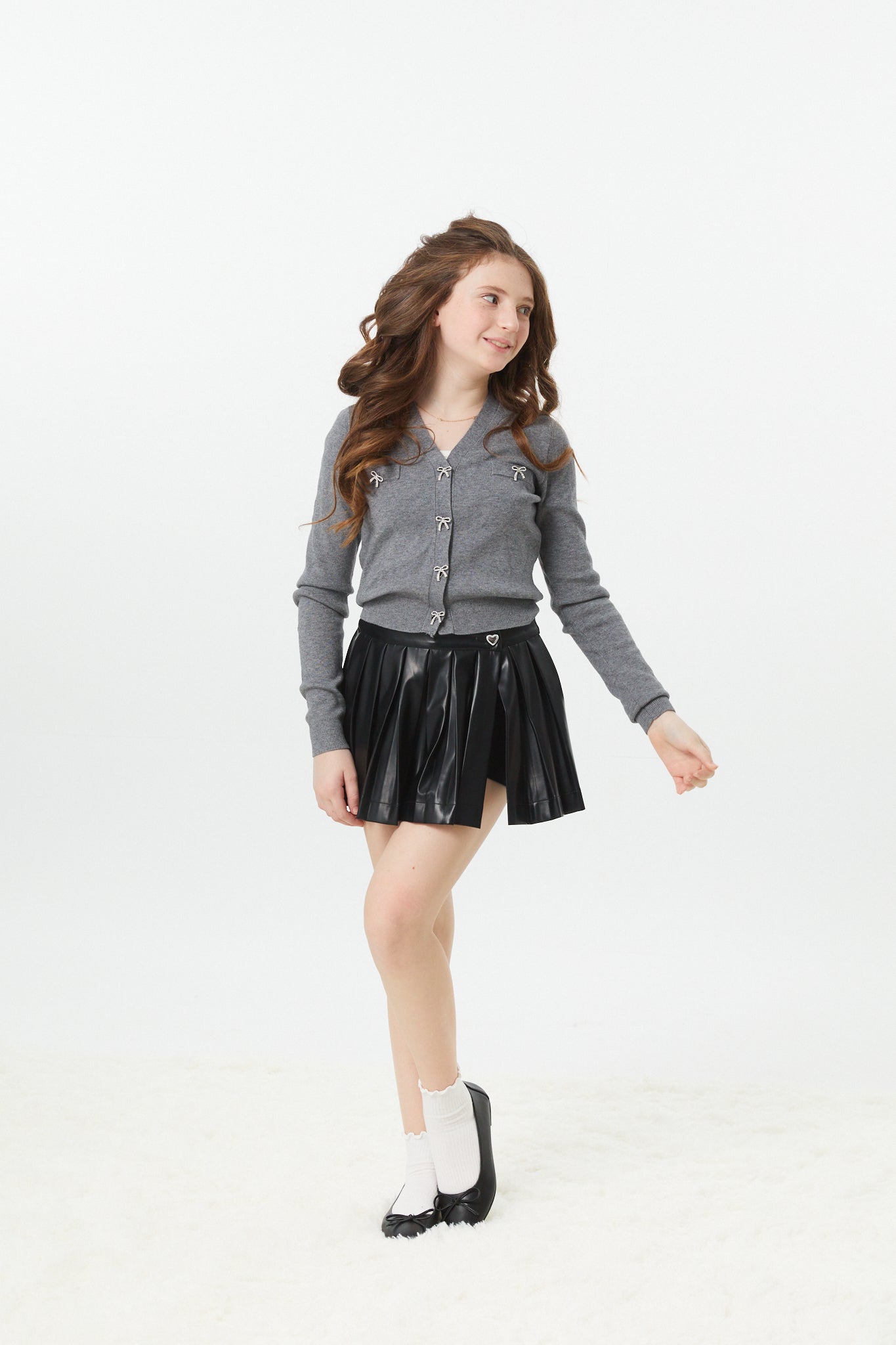 Mickey Mid Grey With Bow Diamond Buttons Sweater Cardigan