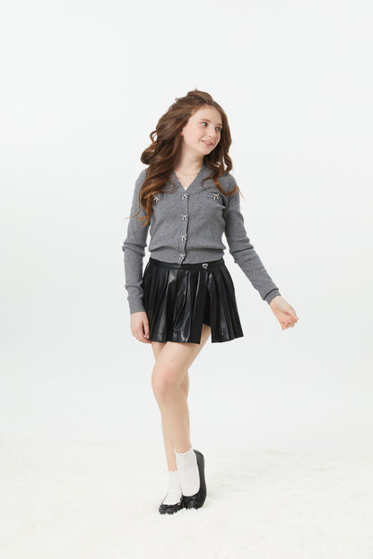 Mickey Mid Grey With Bow Diamond Buttons Sweater Cardigan