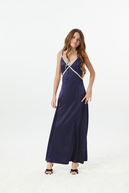 Miller Navy Satin Maxi Dress With Lace Trim