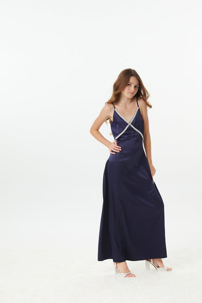 Miller Navy Satin Maxi Dress With Lace Trim