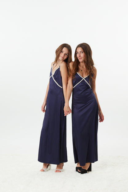 Miller Navy Satin Maxi Dress With Lace Trim