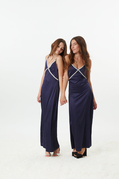 Miller Navy Satin Maxi Dress With Lace Trim