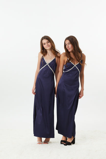 Miller Navy Satin Maxi Dress With Lace Trim