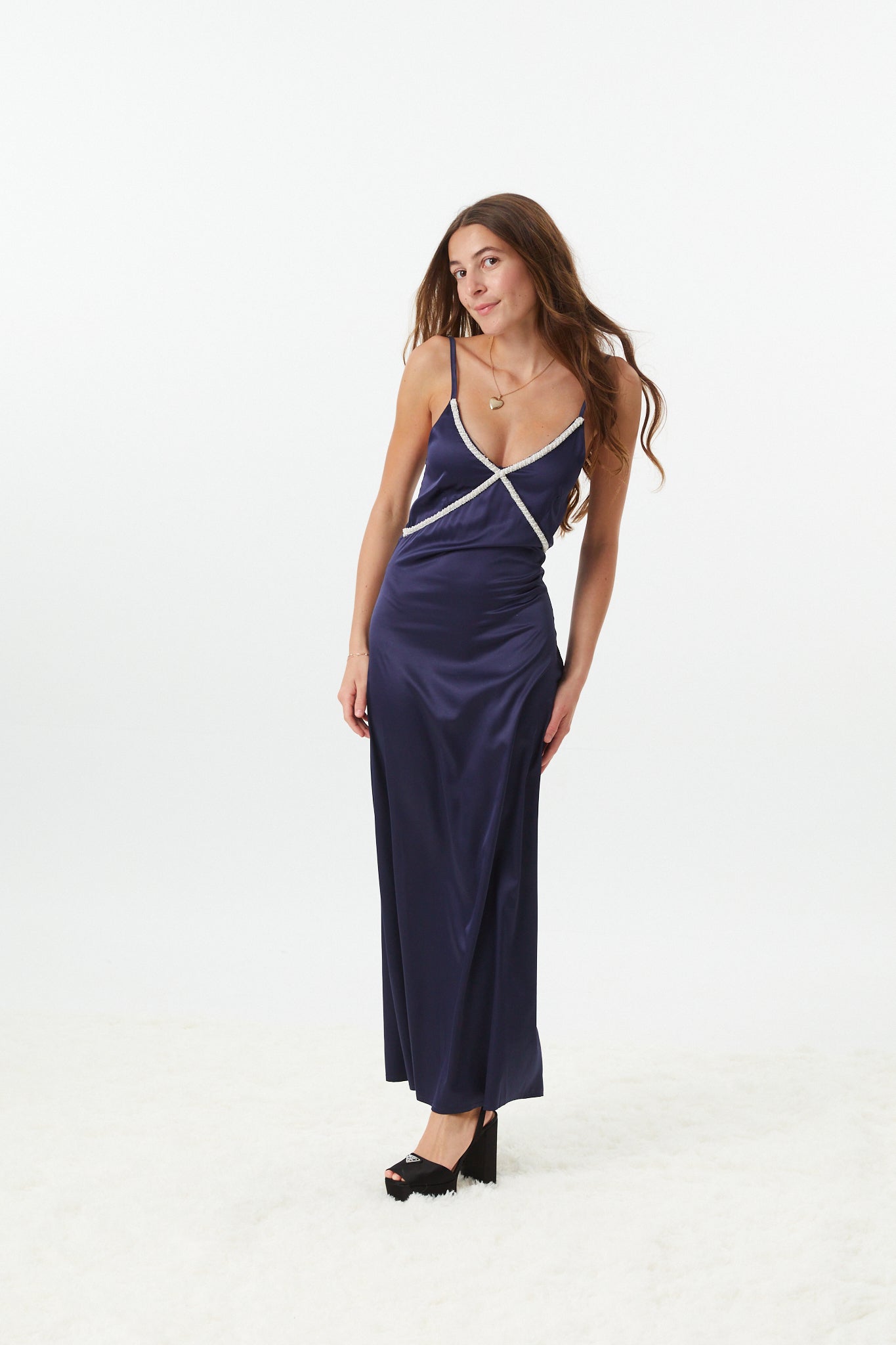 Miller Navy Satin Maxi Dress With Lace Trim