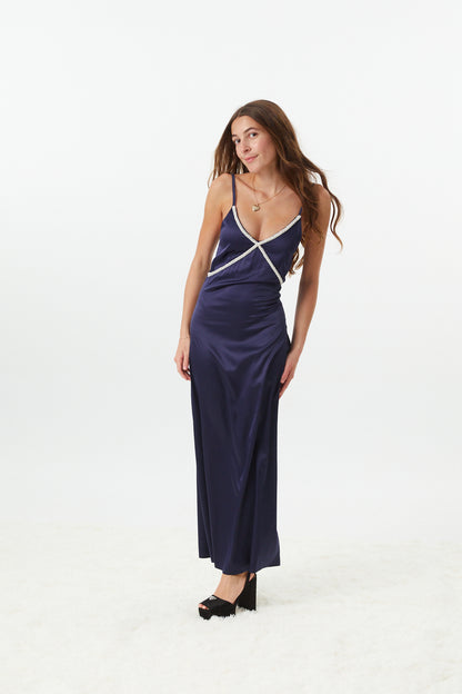 Miller Navy Satin Maxi Dress With Lace Trim