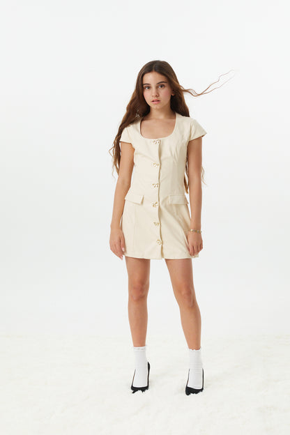 Zoe Cream With Bow Buttons Vegan Leather Cap Sleeve