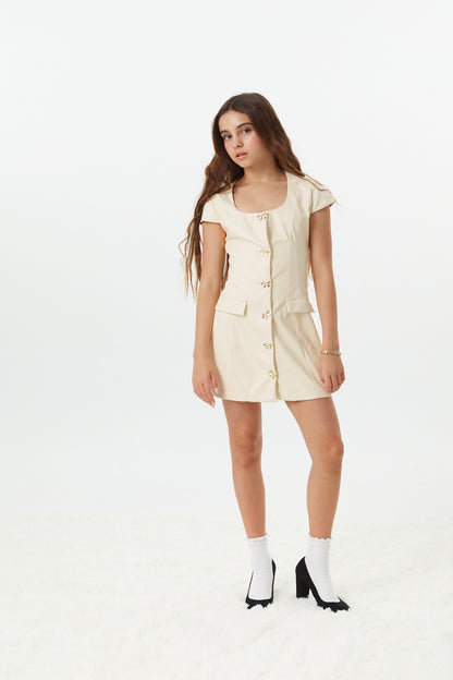 Zoe Cream With Bow Buttons Vegan Leather Cap Sleeve