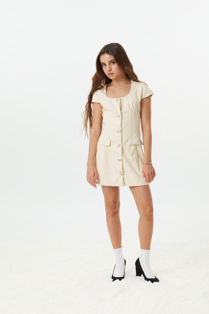 Zoe Cream With Bow Buttons Vegan Leather Cap Sleeve