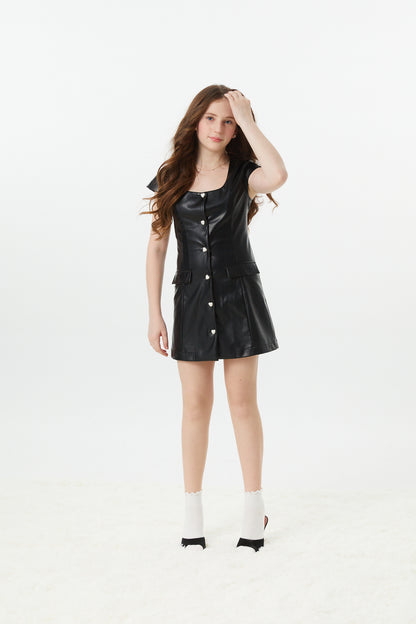 Zoe Black With Pearl Heart Buttons Vegan Leather Cap Sleeve