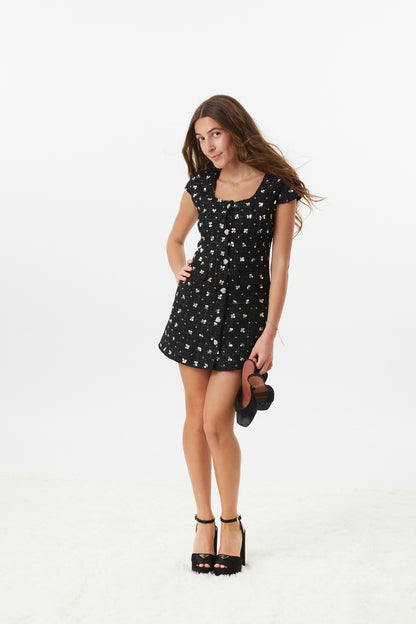 Zoe Black With Silver Flowers Sequin Boucle Cap Sleeve