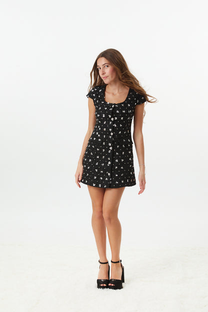 Zoe Black With Silver Flowers Sequin Boucle Cap Sleeve