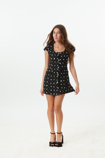 Zoe Black With Silver Flowers Sequin Boucle Cap Sleeve
