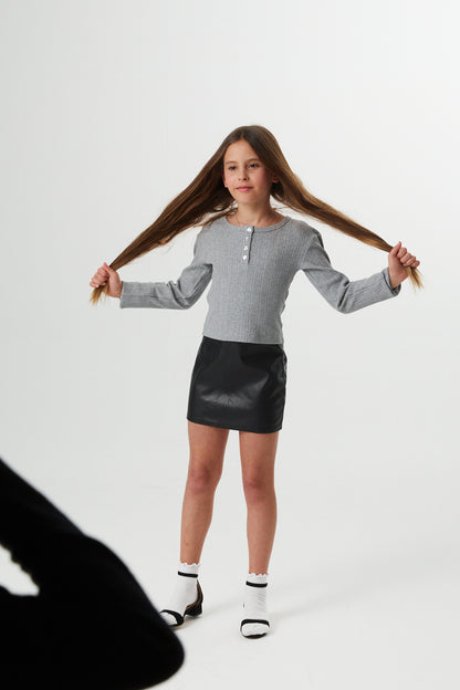 Sara Navy Vegan Leather Straight Mini Skort