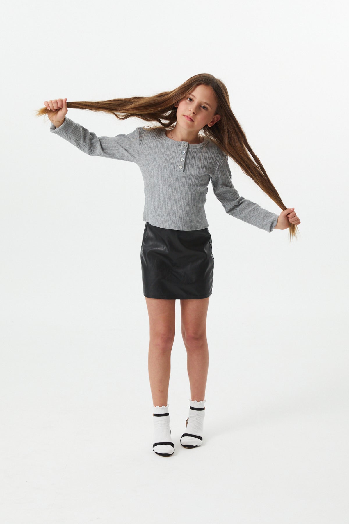 Sara Navy Vegan Leather Straight Mini Skort