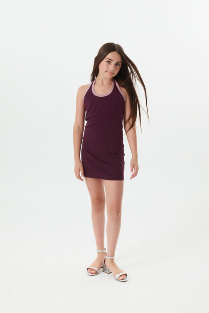 Mackenzie Merlot With Mauve Trim Cotton Spandex Halter Mini Dress