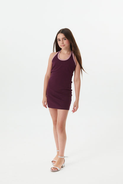 Mackenzie Merlot With Mauve Trim Cotton Spandex Halter Mini Dress