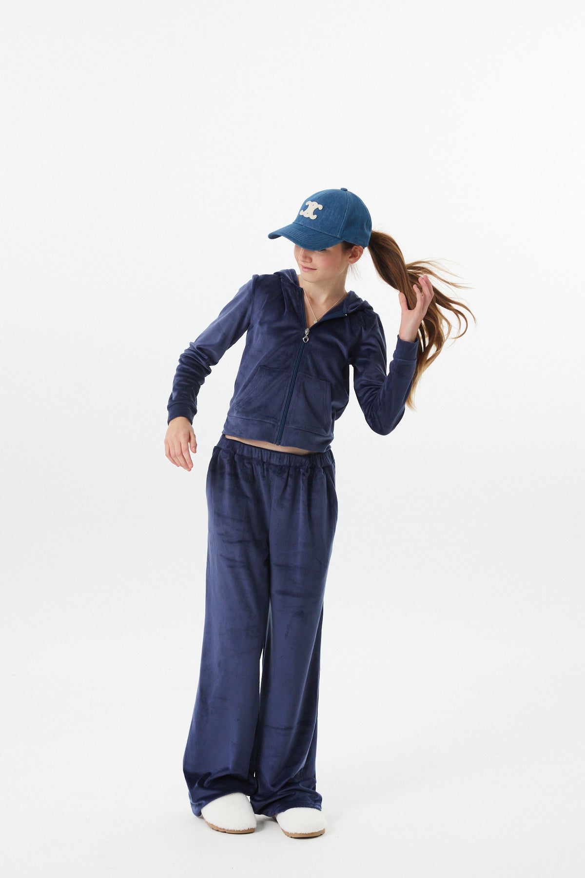 Ash Navy Stretch Velour Wide Leg Pant