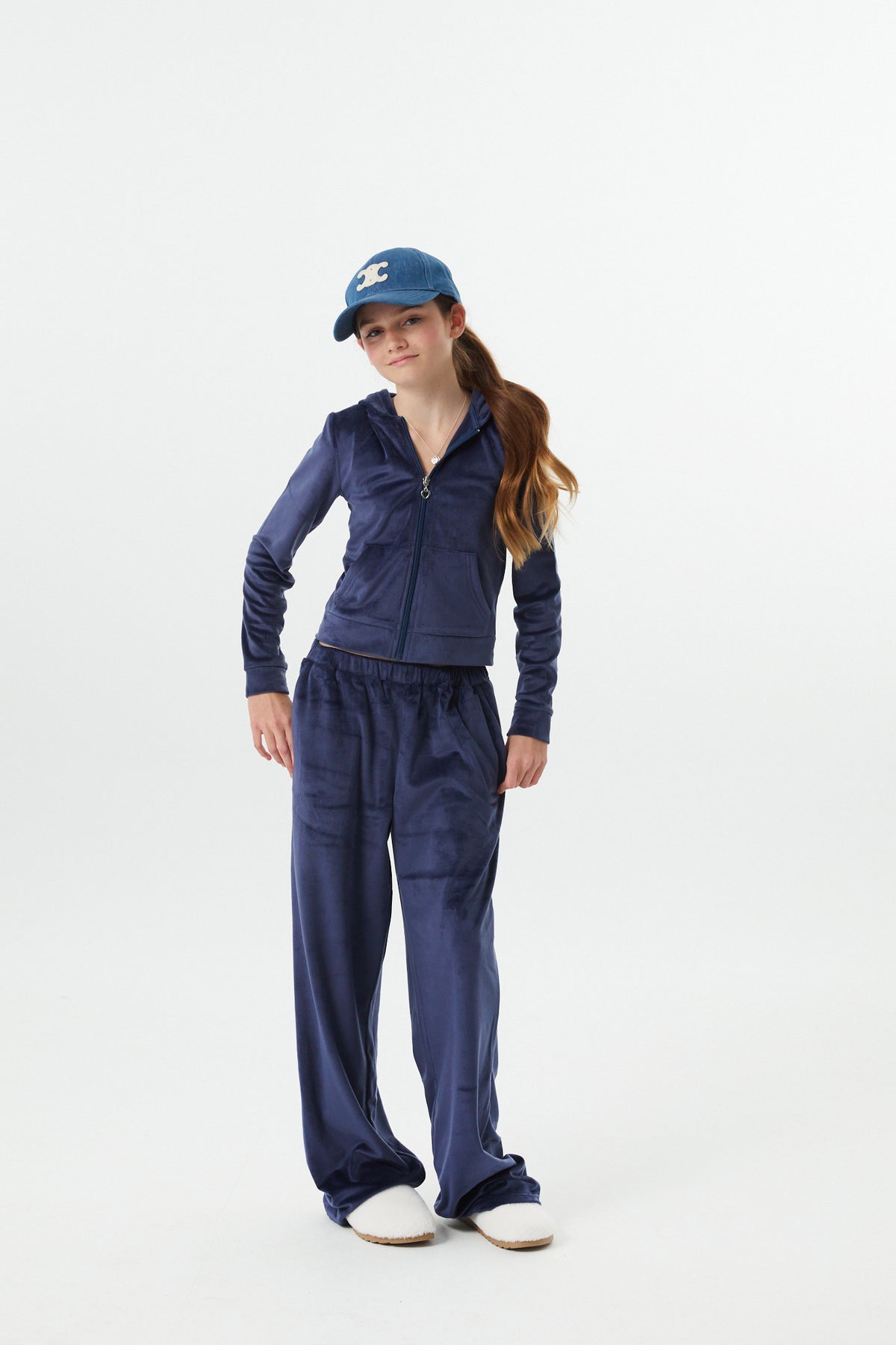 Ash Navy Stretch Velour Wide Leg Pant