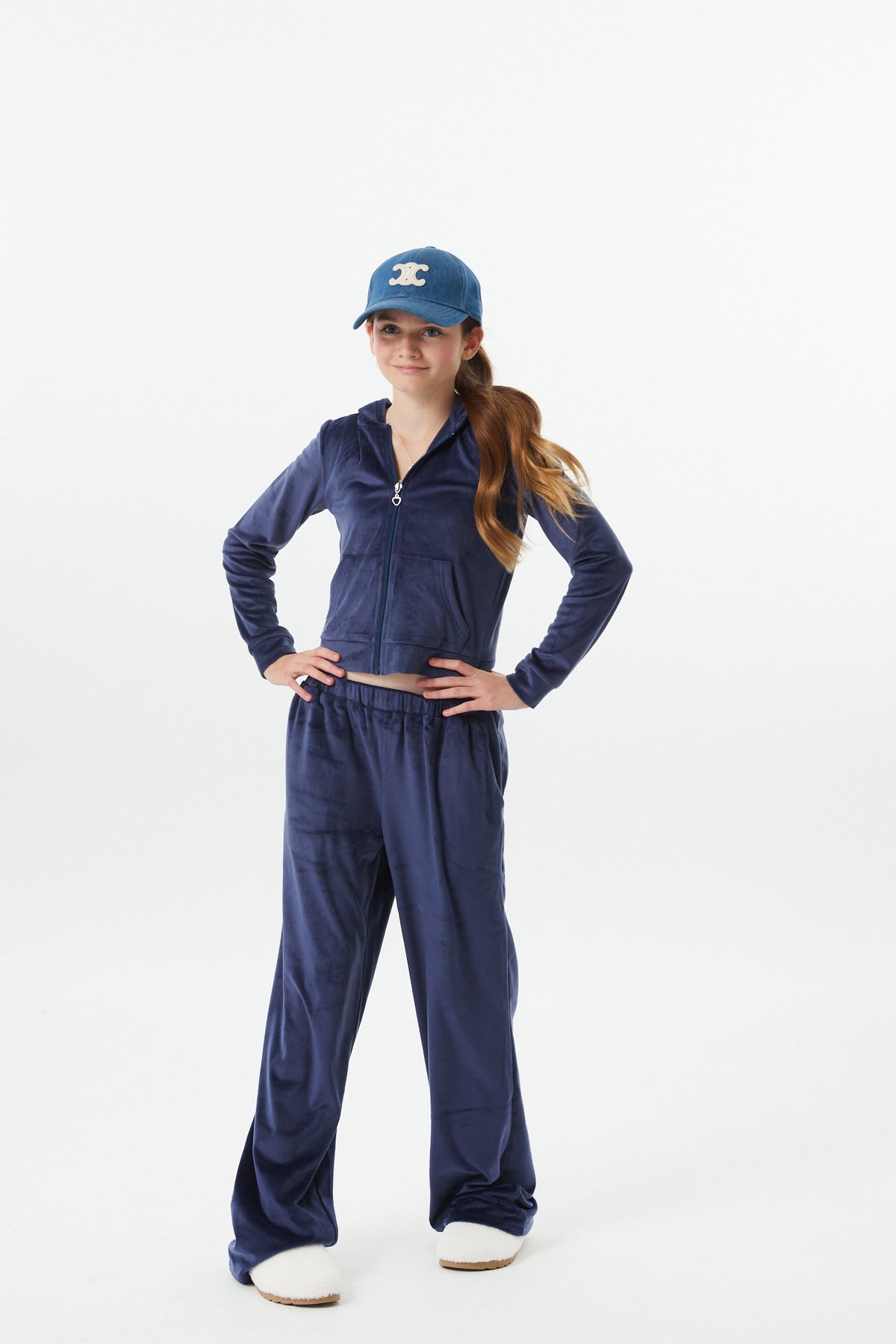 Ash Navy Stretch Velour Wide Leg Pant