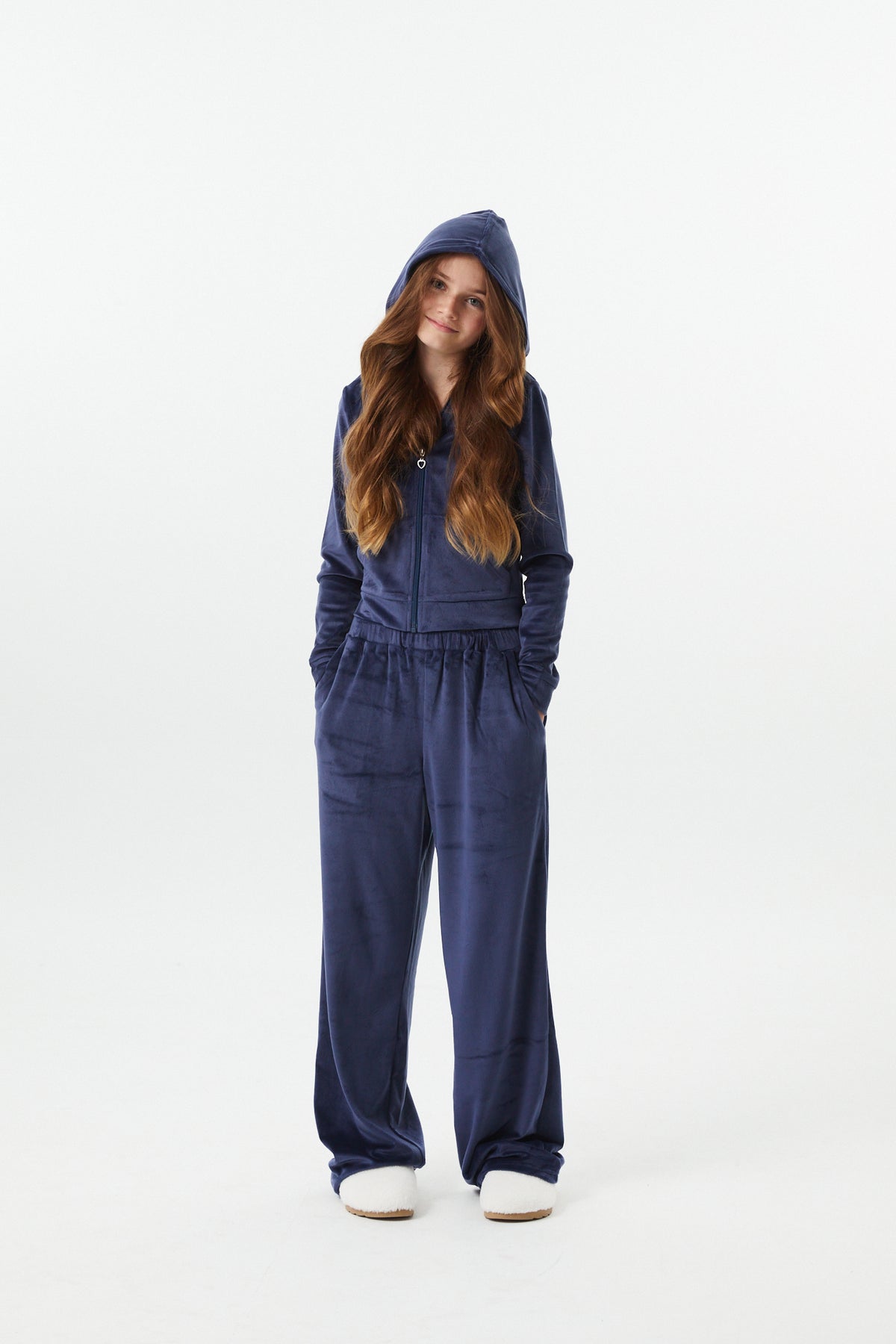 Ash Navy Stretch Velour Wide Leg Pant