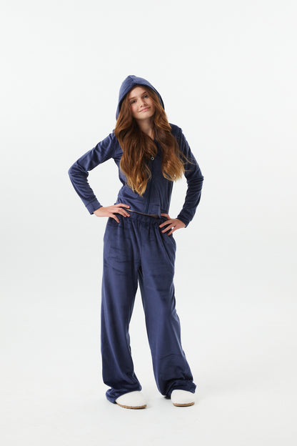 Elle Navy Stretch Velour Zip up Hoodie Sweatshirt