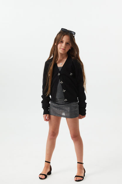 Mickey Black With Bow Buttons Sweater Cardigan