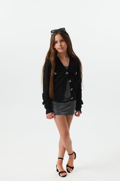 Mickey Black With Bow Buttons Sweater Cardigan