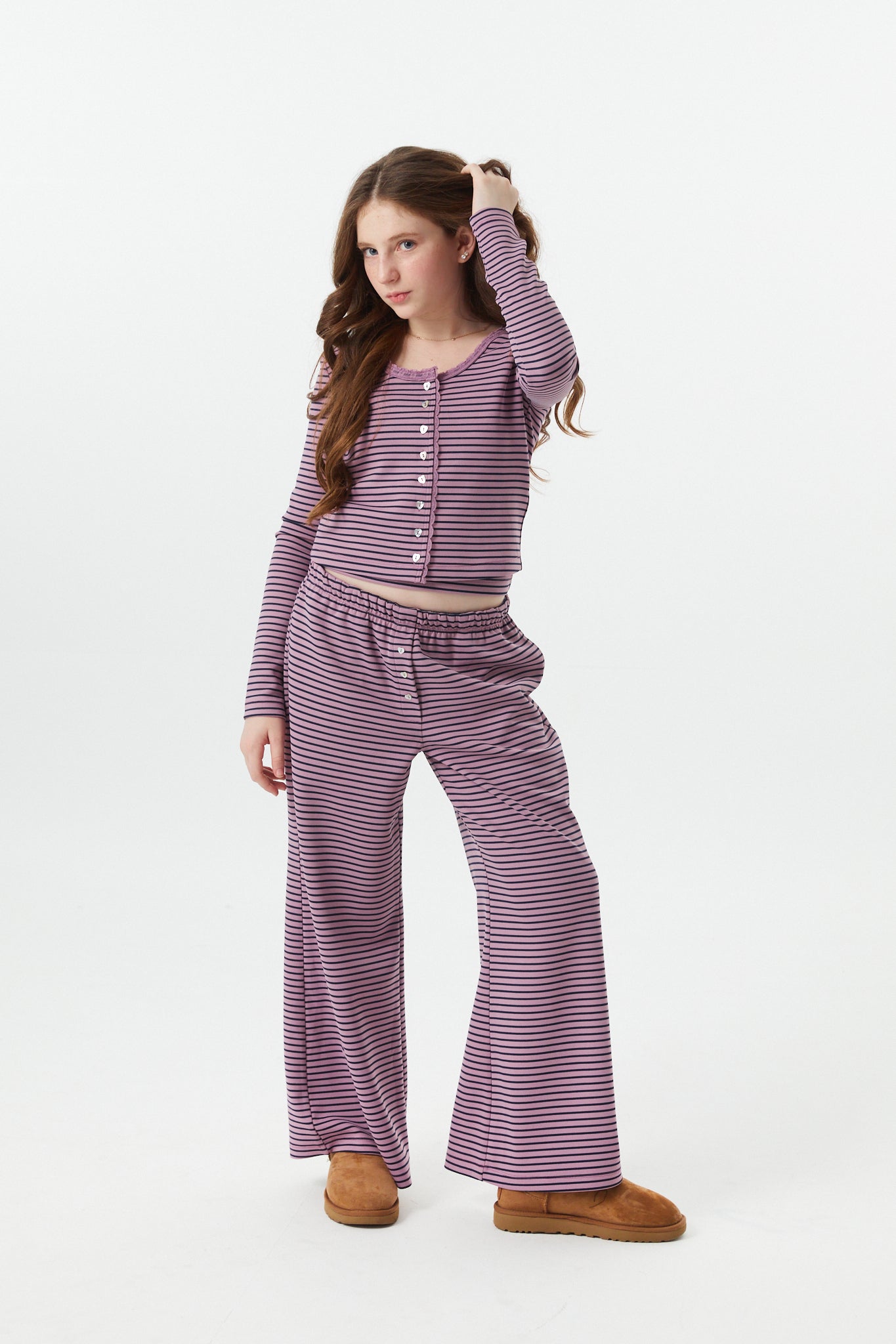 Dylan Mauve and Navy Stripe Wide Leg Pants