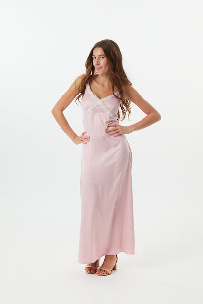 Miller Mauve Satin Maxi Dress With Lace Trim