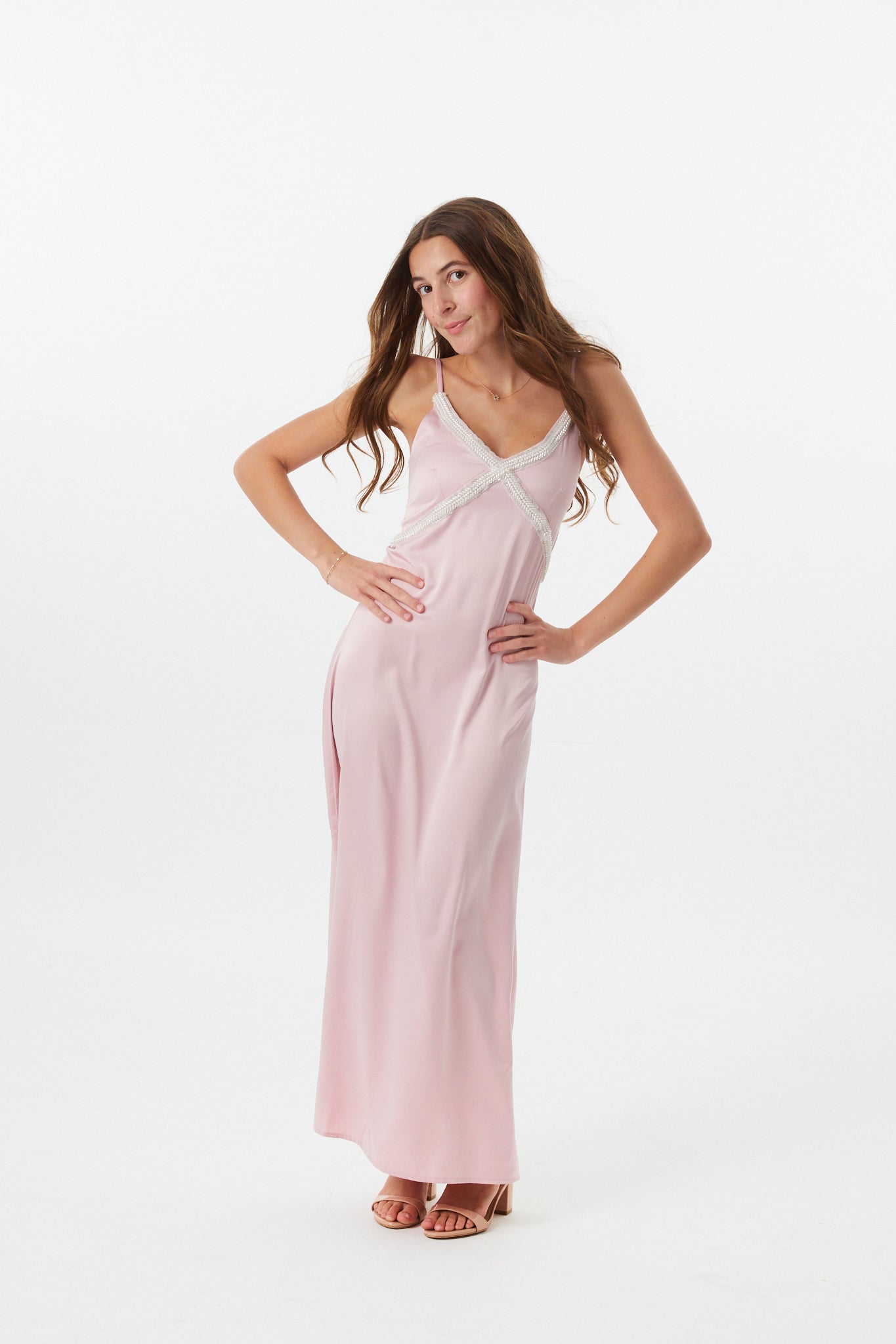 Miller Mauve Satin Maxi Dress With Lace Trim