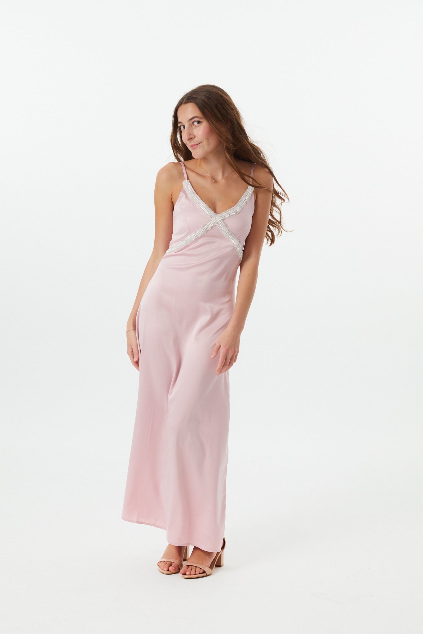 Miller Mauve Satin Maxi Dress With Lace Trim