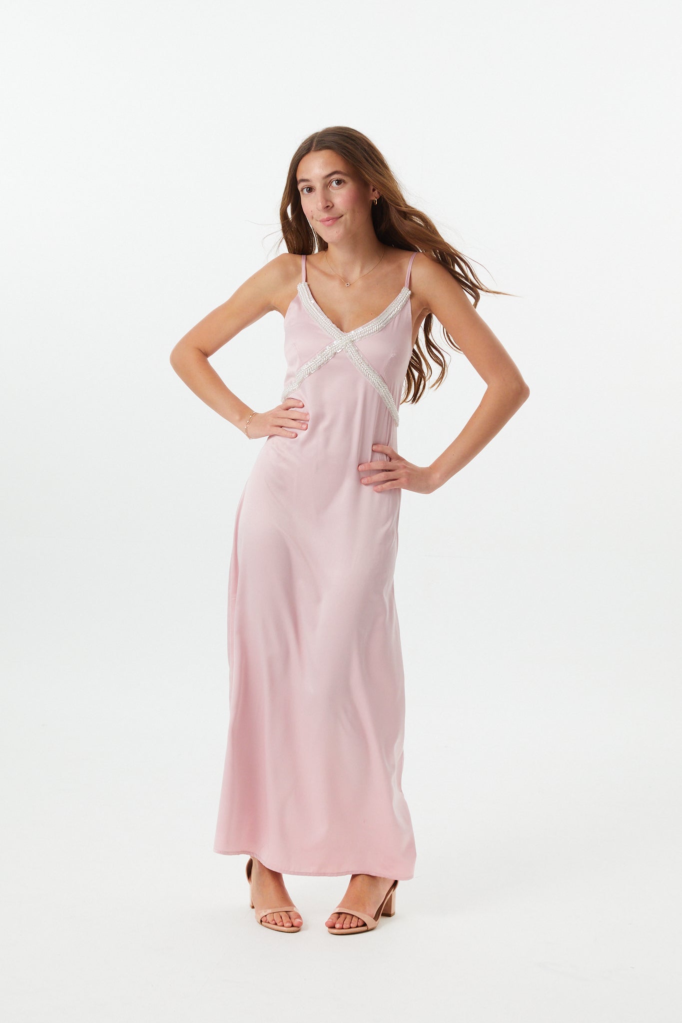 Miller Mauve Satin Maxi Dress With Lace Trim