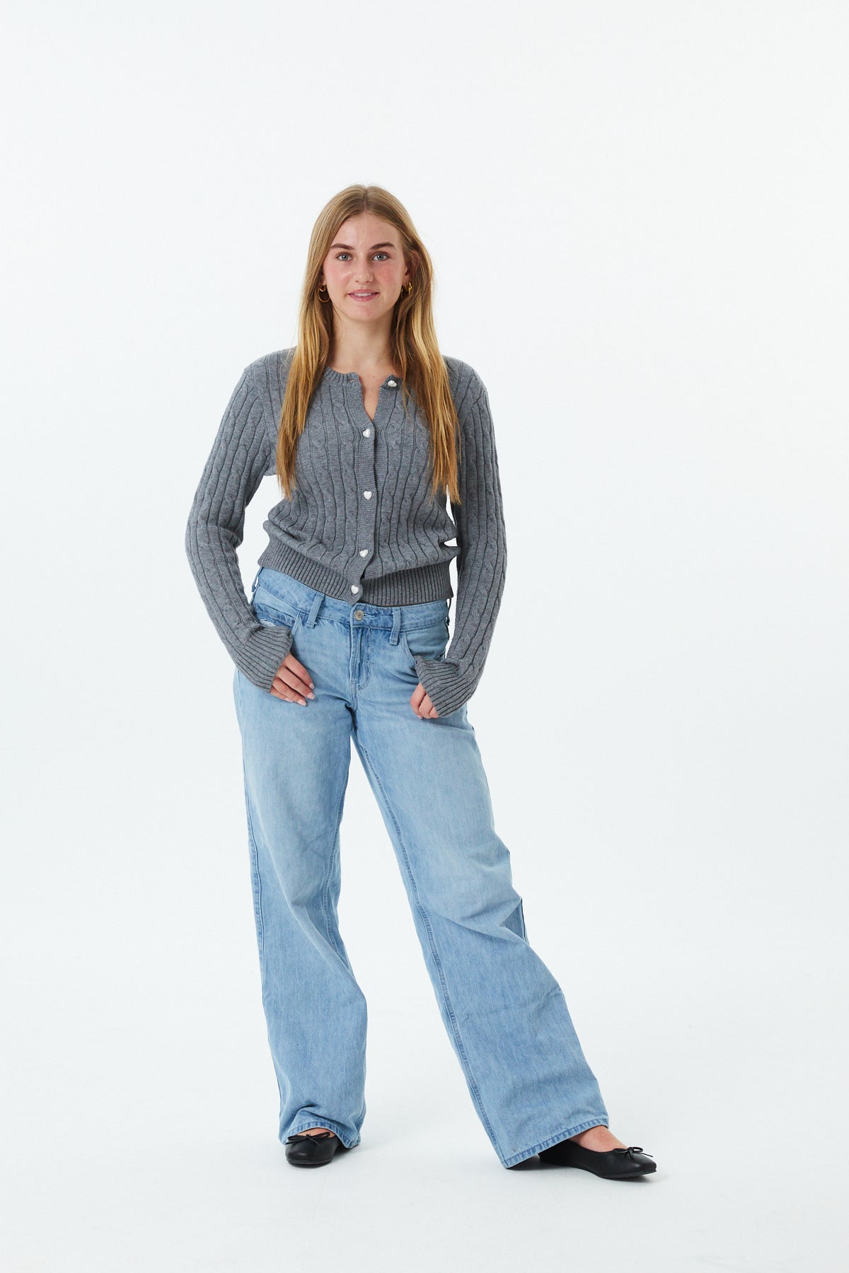 Adele Mid Grey With Heart Shell Buttons Cable Knit Sweater Cable Knit Button Down