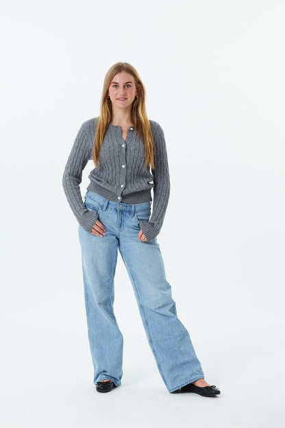 Adele Mid Grey With Heart Shell Buttons Cable Knit Sweater Cable Knit Button Down