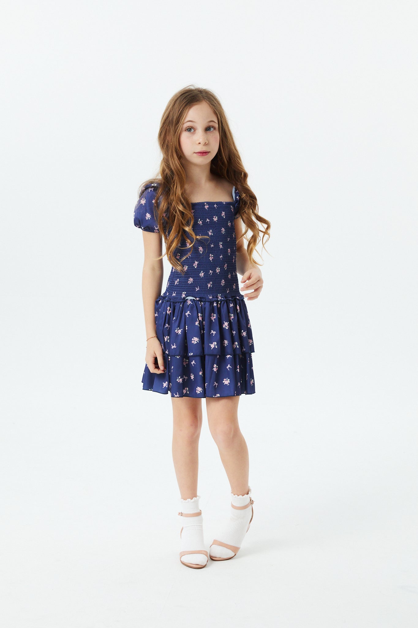 Lexi Rose Bow Navy Satin Smocked Short Sleeve Ruffle Dress