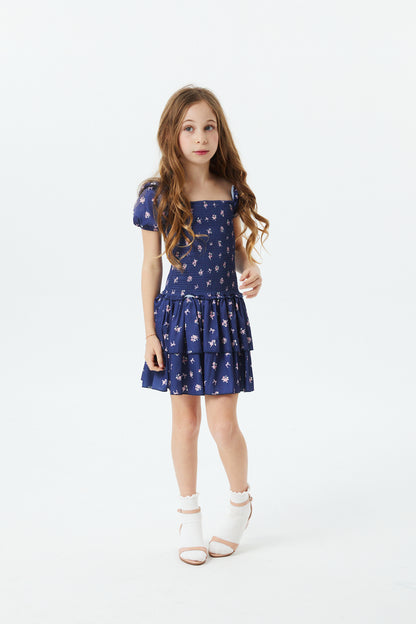 Lexi Rose Bow Navy Satin Smocked Short Sleeve Ruffle Dress