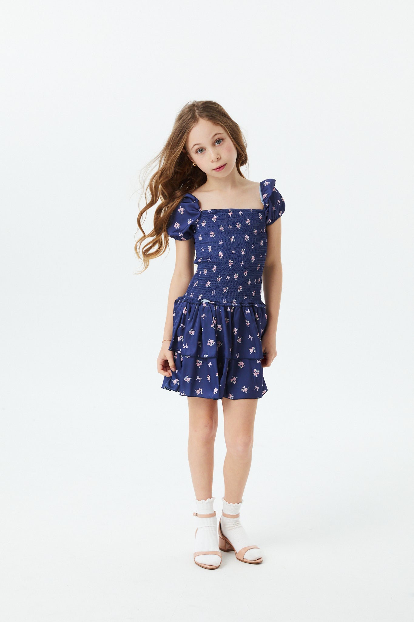 Lexi Rose Bow Navy Satin Smocked Short Sleeve Ruffle Dress