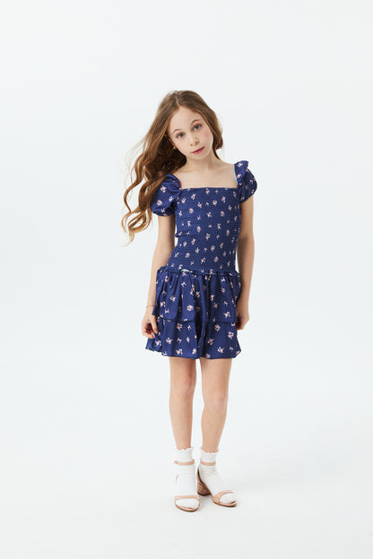 Lexi Rose Bow Navy Satin Smocked Short Sleeve Ruffle Dress